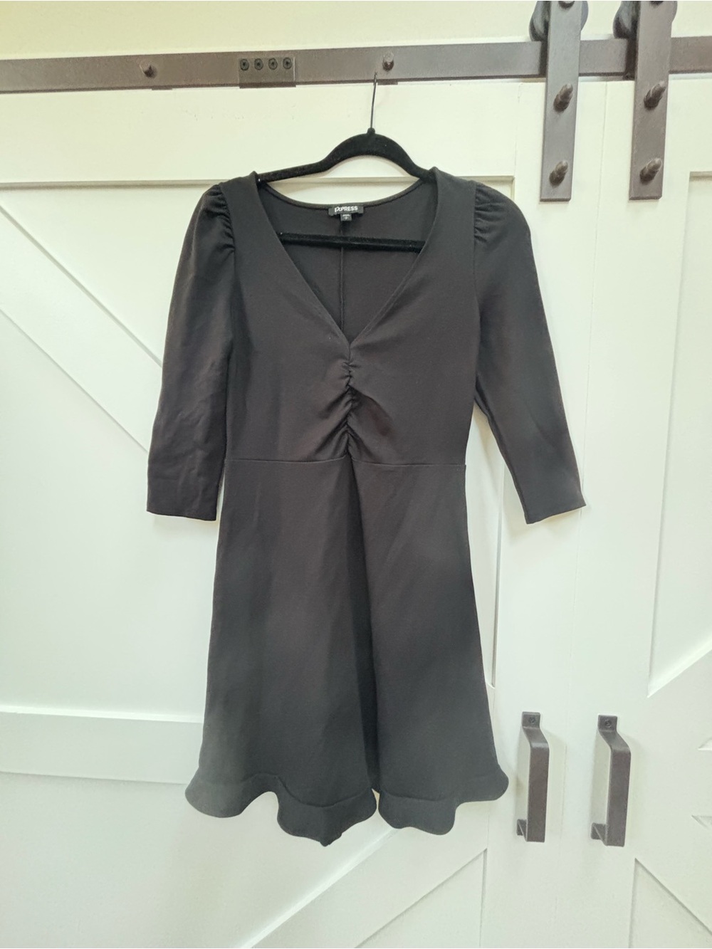 Express Black V-Neck Ruched-Waist Mini Dress with Puff Sleeves